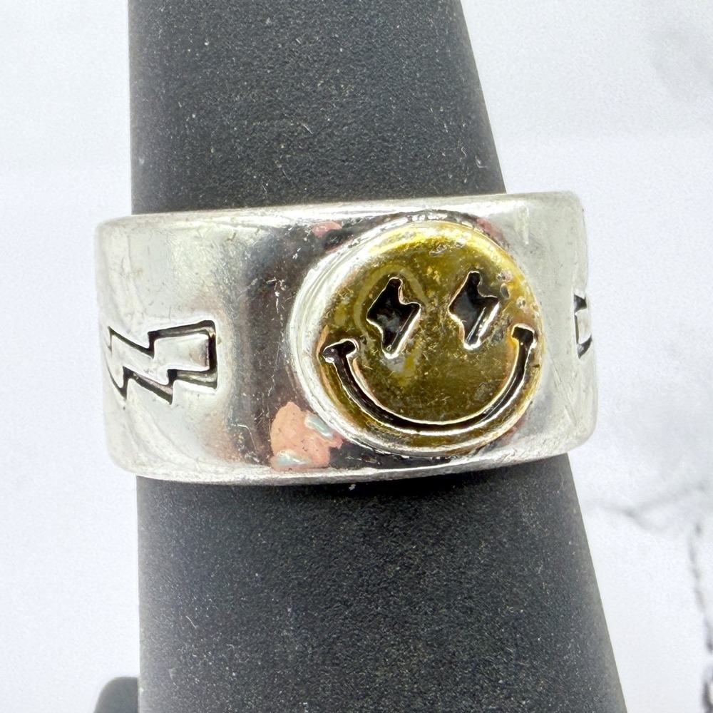 Gold Smile Face Silver Tone Open Back Ring Size 7.25 Stars Lightning Y2K Ring